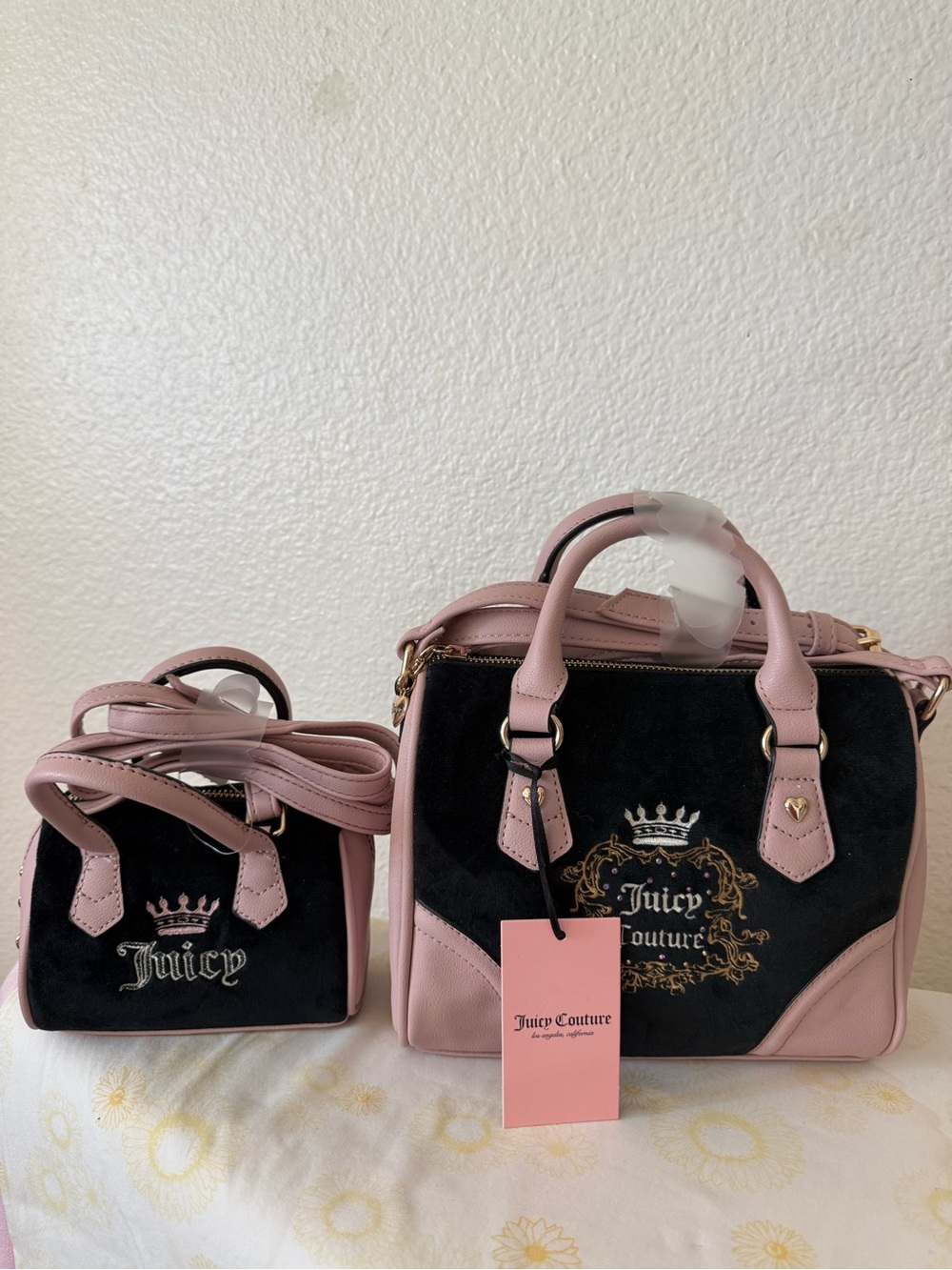 Juicy Couture Black Velvet and Pink Leather Satchel Set